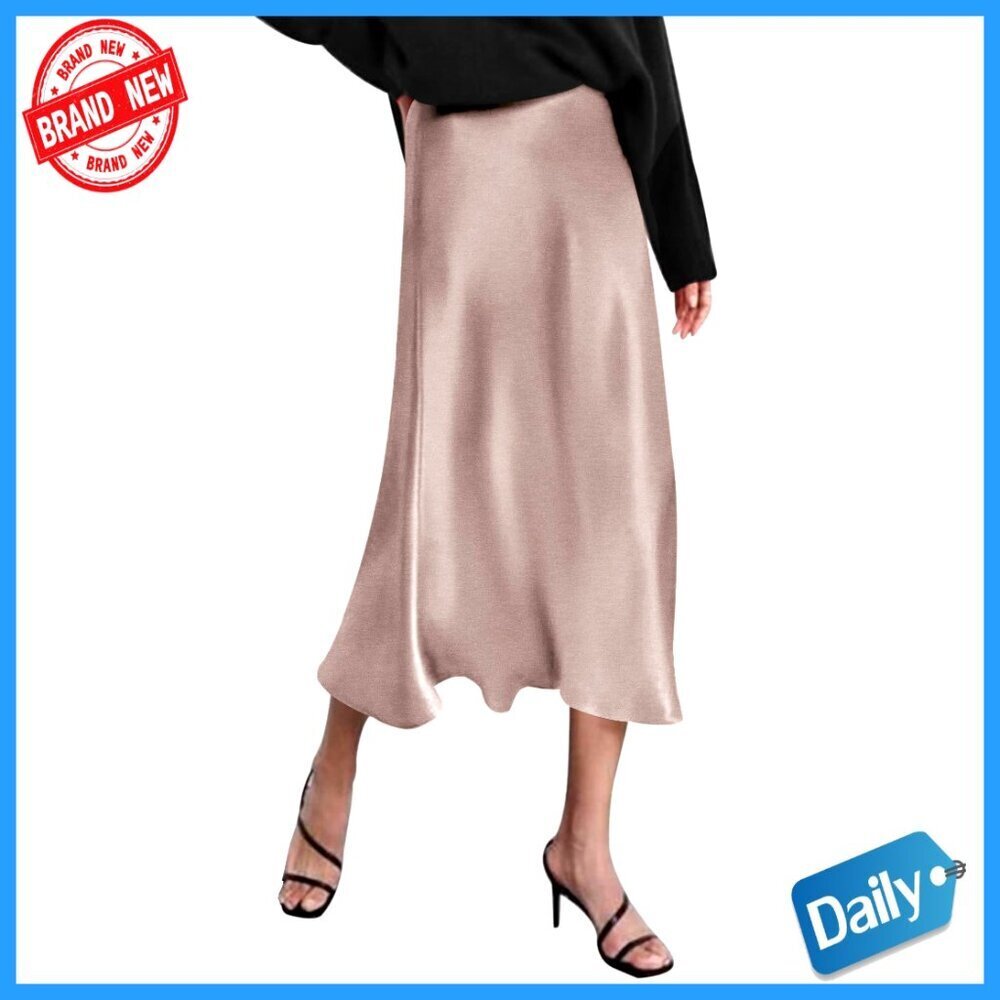 Satin Midi Skirt High Waist Zipper Work Elegant Regular Fit